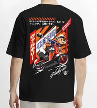 Black T-shirt worn by a male model, back view, featuring street retro racing performance motorsport automotive enthusiast popeye.