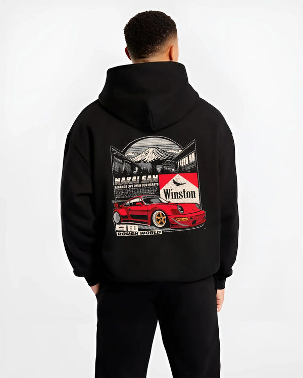 Black hoodie worn by a male model, back view, featuring Porsche rs racing jdm euro widebody rwb street graphic.