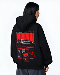 Black hoodie worn by a female model, back view, featuring Porsche rs racing race motorsport jdm german street graphic.