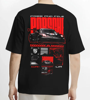 Black T-shirt worn by a male model, back view, featuring Porsche rs racing race motorsport jdm german street graphic.