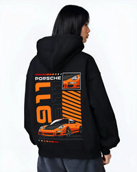 Black hoodie worn by a female model, back view, featuring Porsche 911 Turbo rs 911 turbo racing jdm euro street graphic.