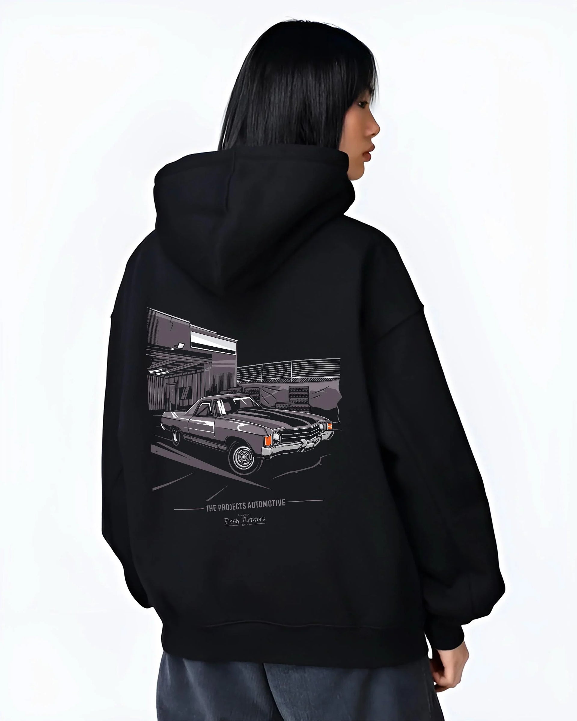Black hoodie worn by a female model, back view, featuring CHEVROLET muscle retro classic enthusiast racing street graphic.