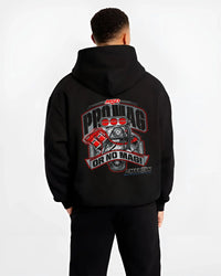 Black hoodie worn by a male model, back view, featuring turbo racing drag street performance motorsport automotive graphic.