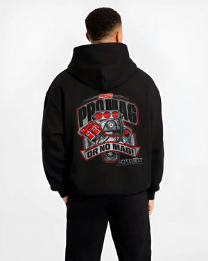 Black hoodie worn by a male model, back view, featuring turbo racing drag street performance motorsport automotive graphic.