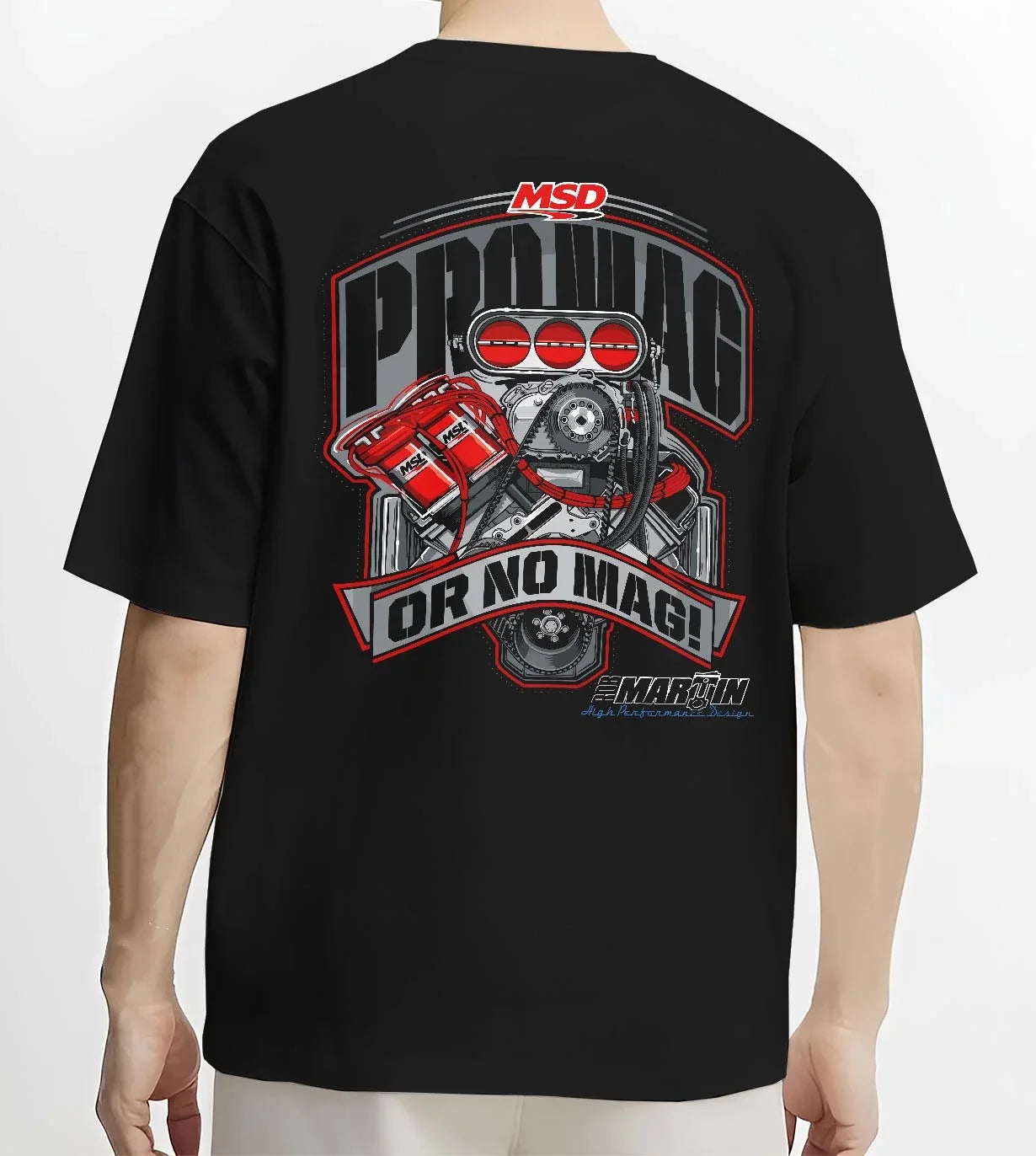 Black T-shirt worn by a male model, back view, featuring turbo racing drag street performance motorsport automotive graphic.