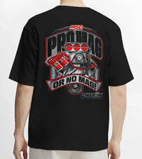 Black T-shirt worn by a male model, back view, featuring turbo racing drag street performance motorsport automotive graphic.