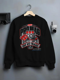 Black crewneck sweatshirt on a hanger against a grey wall, featuring turbo racing drag street performance motorsport graphic.