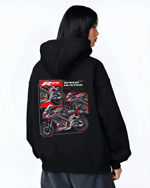 Black hoodie worn by a female model, back view, featuring Yamaha R1 racing street speed performance motorsport automotive graphic.