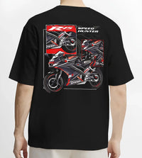 Black T-shirt worn by a male model, back view, featuring Yamaha R1 racing street speed performance motorsport automotive graphic.