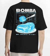 Black T-shirt worn by a male model, back view, featuring Nissan Skyline R33 r33 skyline turbo turbocharged racing drift jdm graphic.