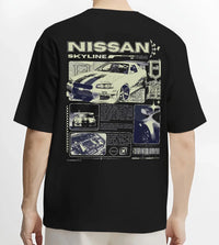 Black T-shirt worn by a male model, back view, featuring Nissan Skyline R34 r34 skyline race drift jdm japanese street graphic.