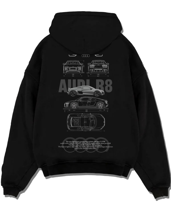 Black pullover hoodie laid flat on a white background, featuring Audi R8 v10 racing german street performance motorsport graphic.