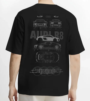 Black T-shirt worn by a male model, back view, featuring Audi R8 v10 euro enthusiast racing street performance graphic.