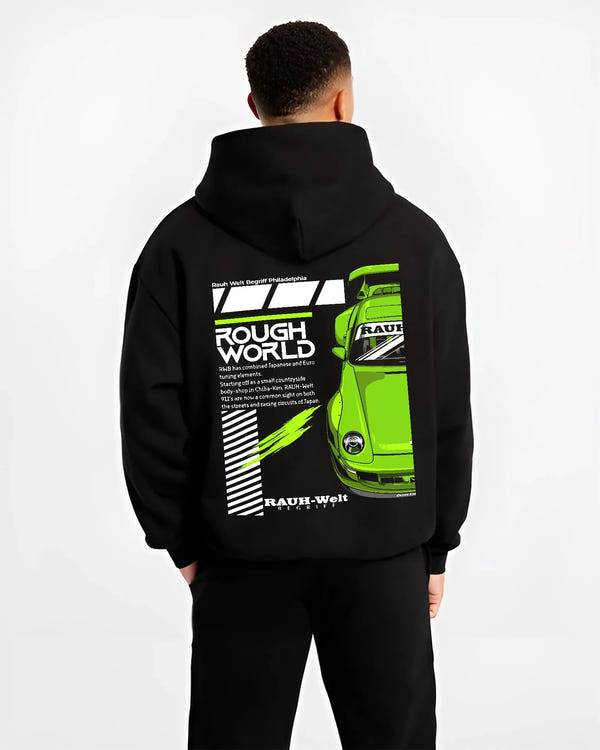 Black hoodie worn by a male model, back view, featuring Porsche rs japanese euro tuning stance rwb street graphic.
