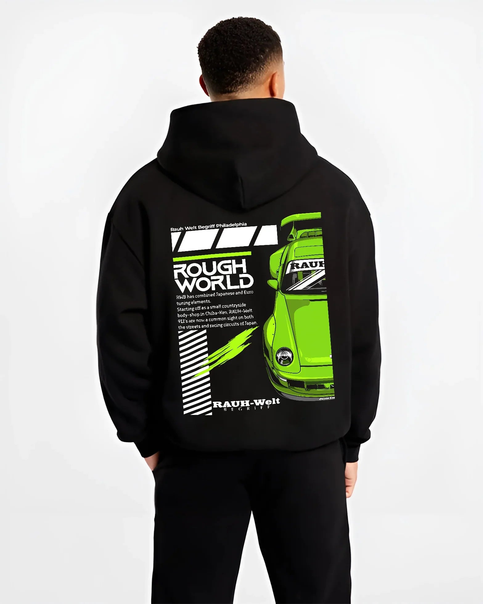 Black hoodie worn by a male model, back view, featuring Porsche rs japanese euro tuning stance rwb street graphic.