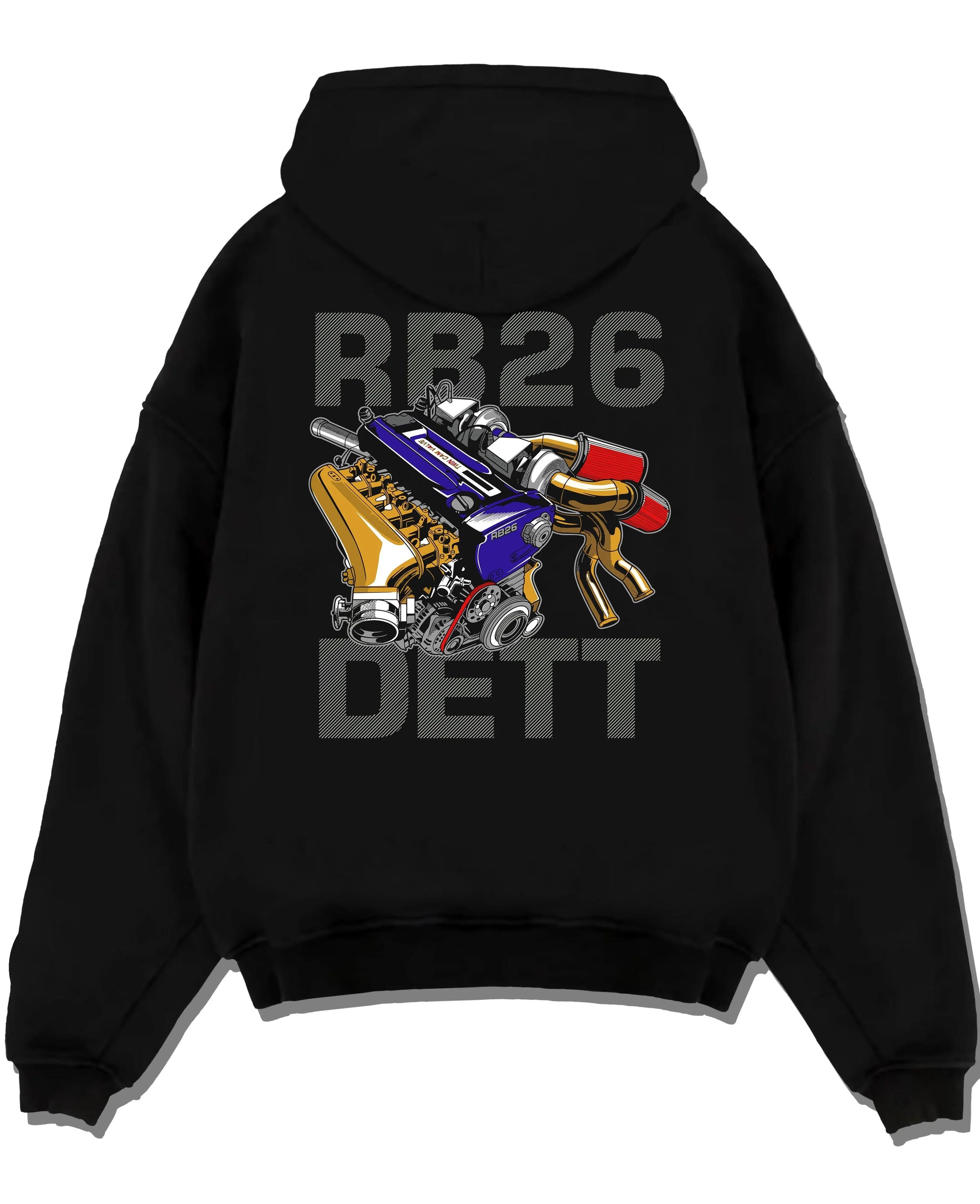 Black pullover hoodie laid flat on a white background, featuring Nissan SKYLINE turbo rb26 racing drift jdm japanese tuner graphic.