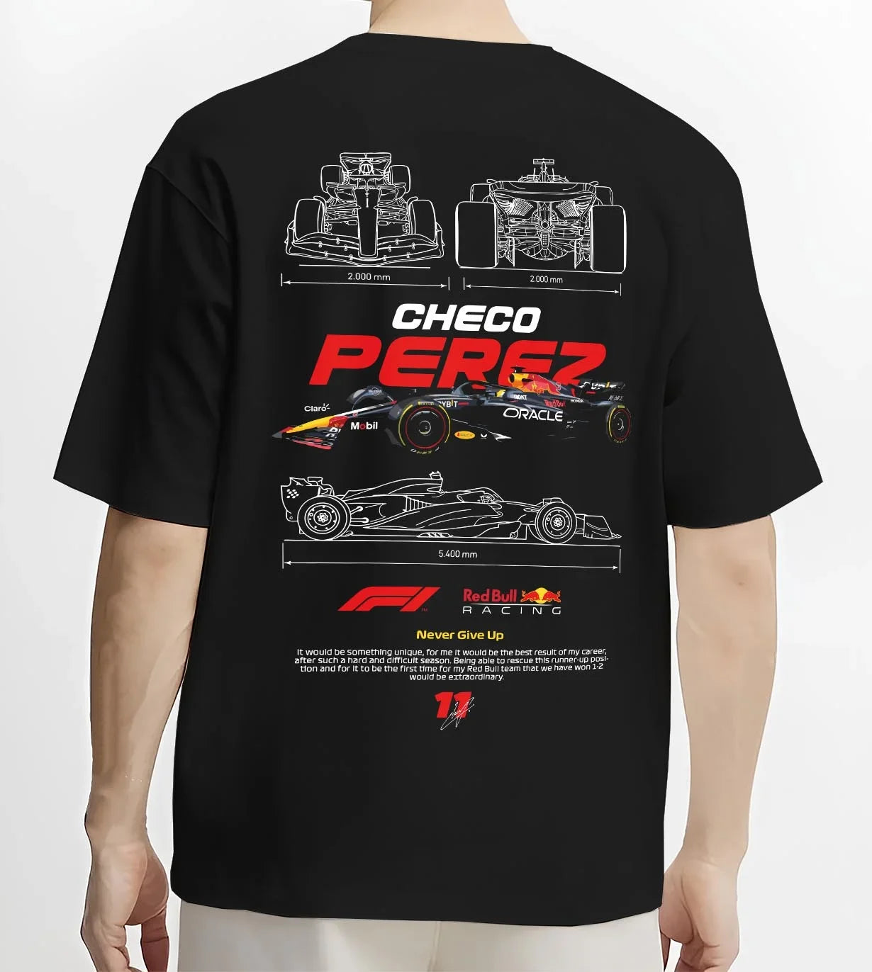 Black T-shirt worn by a male model, back view, featuring rs racing drift motorsport japanese street performance automotive graphic.