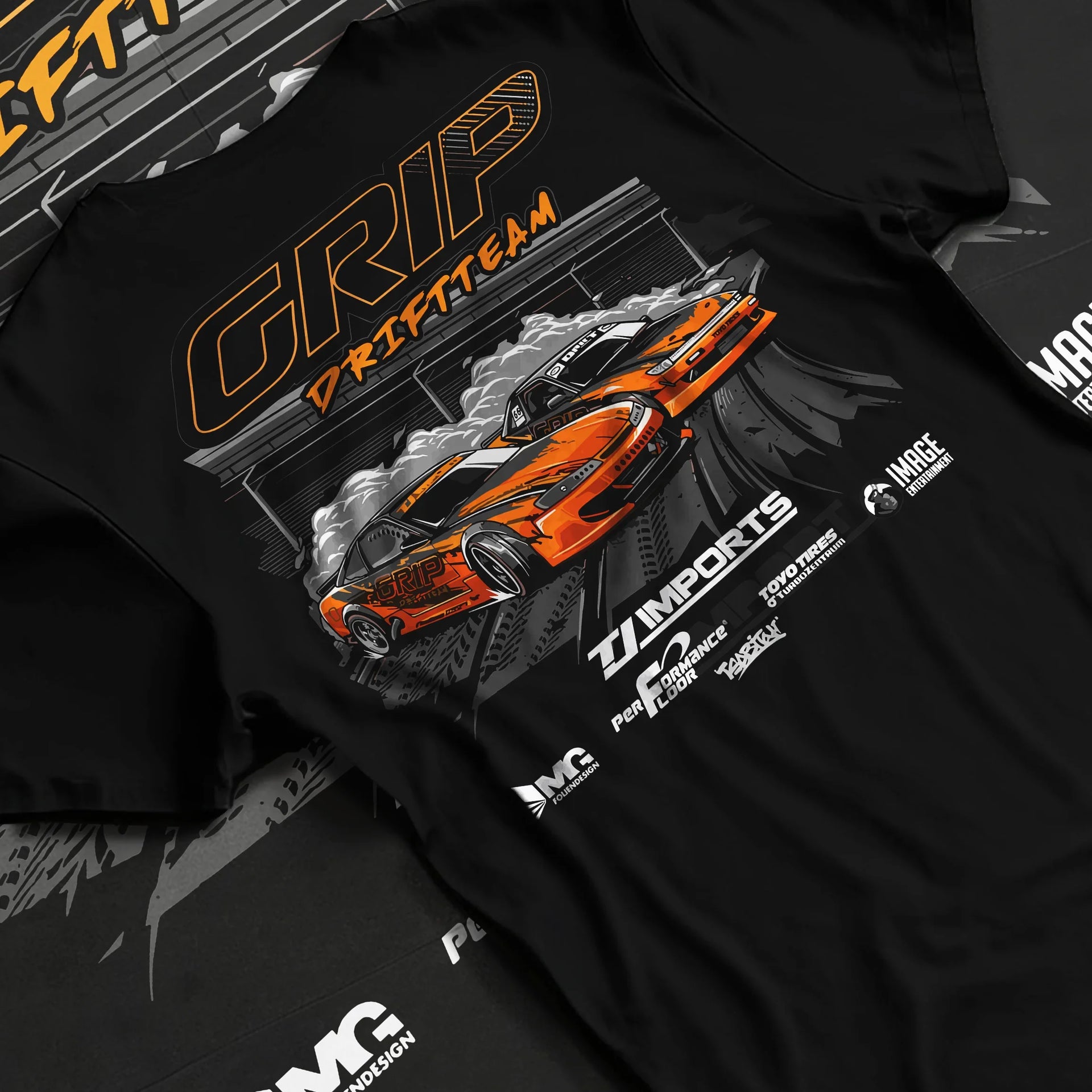 Black T-shirt laid flat with natural fabric folds, featuring rs racing drift motorsport jdm japanese stance street graphic.