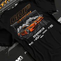Black T-shirt laid flat with natural fabric folds, featuring rs racing drift motorsport jdm japanese stance street graphic.