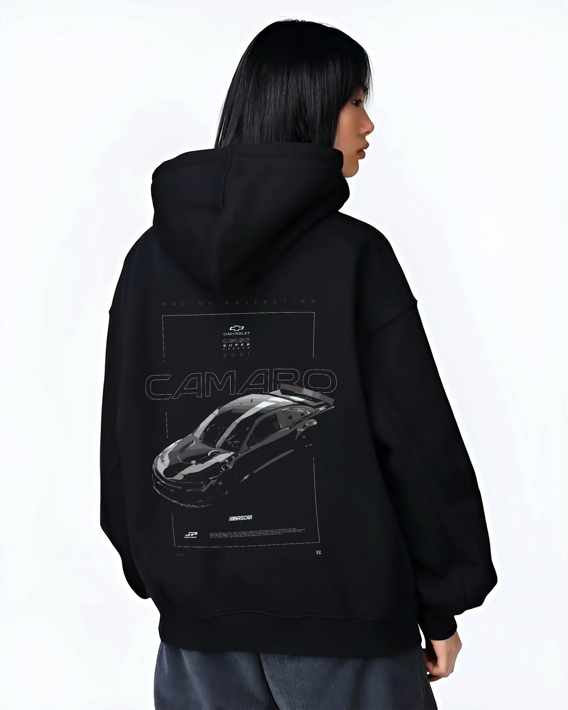 Black hoodie worn by a female model, back view, featuring rs racing muscle street retro enthusiast performance motorsport graphic.