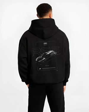 Black hoodie worn by a male model, back view, featuring Audi RS6 rs turbo racing motorsport german street graphic.