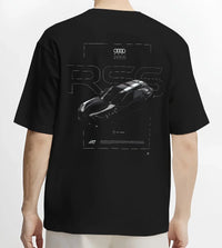 Black T-shirt worn by a male model, back view, featuring Audi RS6 rs turbo racing motorsport german street graphic.