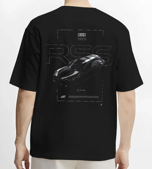 Black T-shirt worn by a male model, back view, featuring Audi RS6 rs turbo racing motorsport german street graphic.