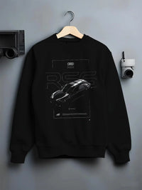 Black crewneck sweatshirt on a hanger against a grey wall, featuring Audi RS6 rs turbo racing motorsport german street graphic.