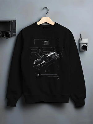 Black crewneck sweatshirt on a hanger against a grey wall, featuring Audi RS6 rs turbo racing motorsport german street graphic.