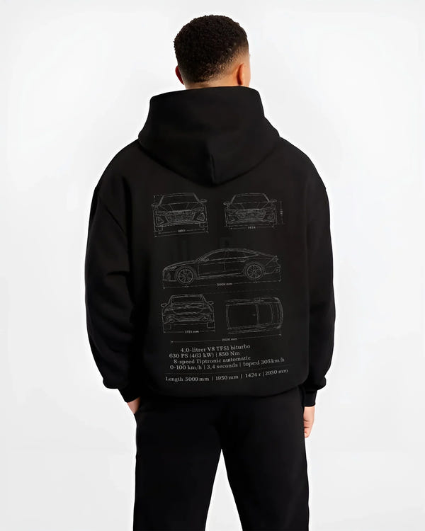 Black hoodie worn by a male model, back view, featuring Audi RS7 rs turbo racing german street performance graphic.