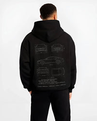 Black hoodie worn by a male model, back view, featuring Audi RS7 rs turbo racing german street performance graphic.