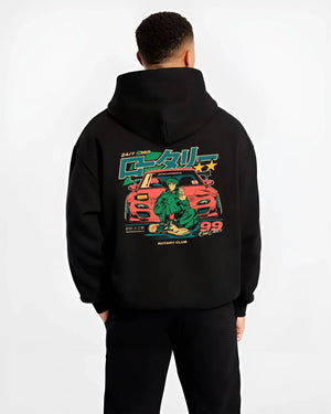 Black hoodie worn by a male model, back view, featuring MAZDA RX7 racing drift japanese tuner street performance graphic.