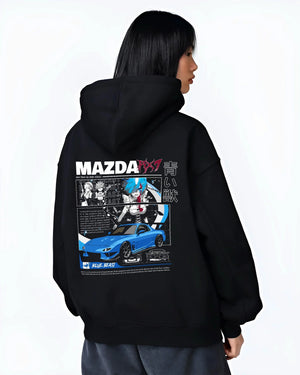 Black hoodie worn by a female model, back view, featuring Mazda RX-7 rx7 drift japanese street racing performance graphic.