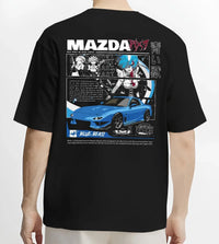 Black T-shirt worn by a male model, back view, featuring Mazda RX-7 rx7 drift japanese street racing performance graphic.