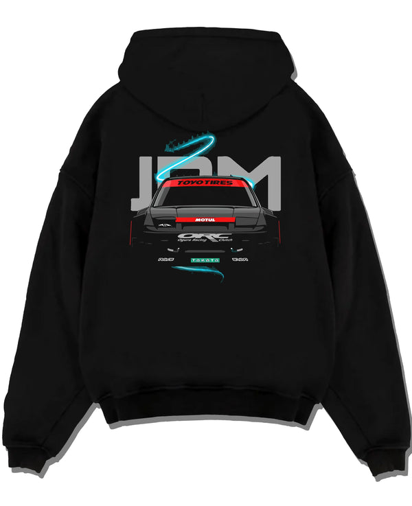 Black pullover hoodie laid flat on a white background, featuring Nissan Silvia S13 silvia racing drift jdm japanese street graphic.