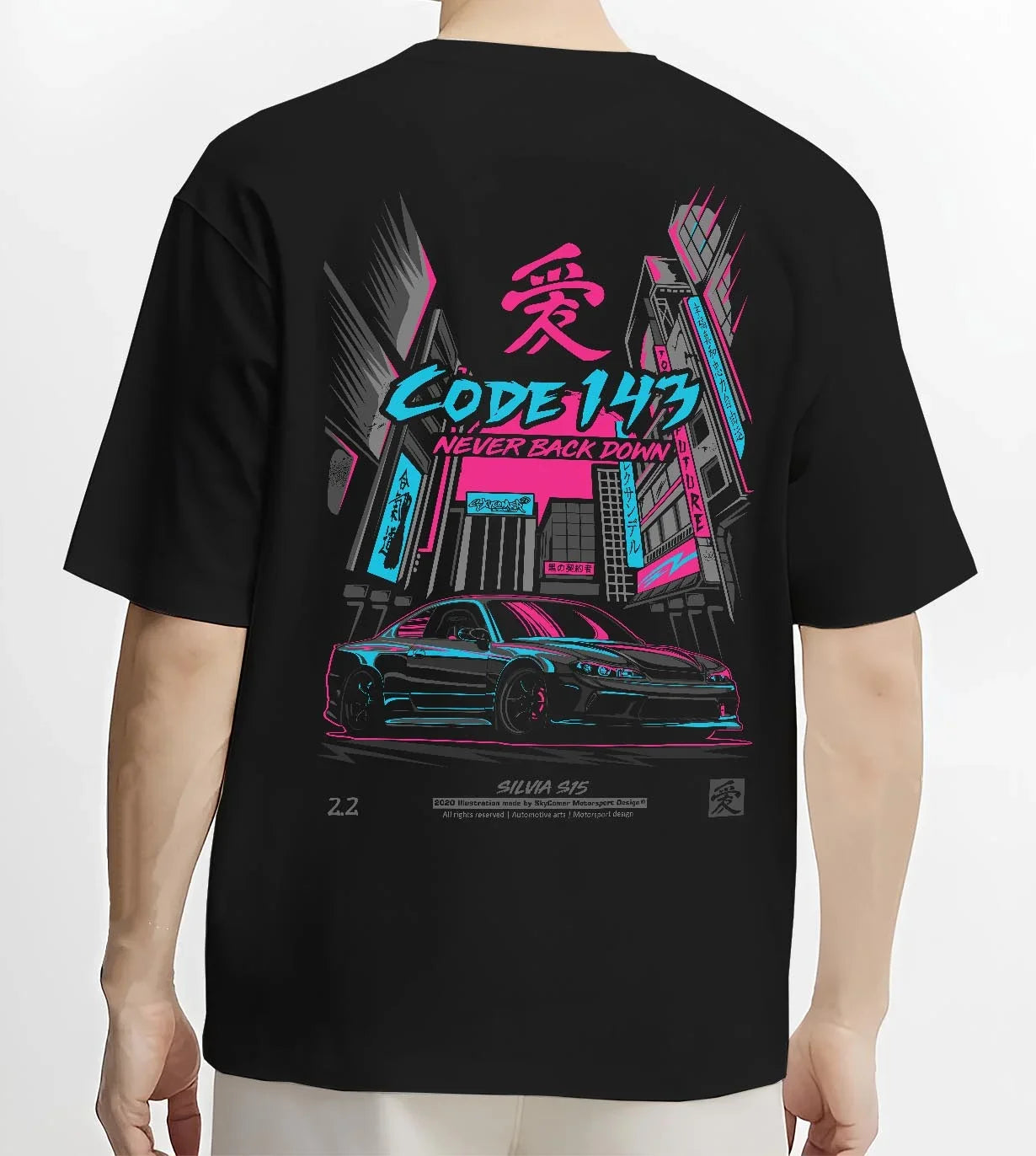 Black T-shirt worn by a male model, back view, featuring SILVIA racing drift jdm japanese street performance motorsport graphic.