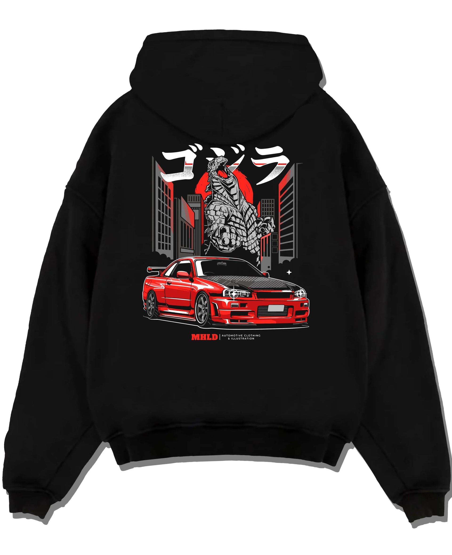 Black pullover hoodie laid flat on a white background, featuring Nissan Silvia S15 silvia turbo turbocharged racing drift s15jdm.