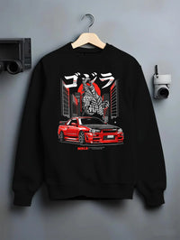 Black crewneck sweatshirt on a hanger against a grey wall, featuring Nissan Silvia S15 silvia turbo turbocharged racing s15jdm.