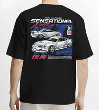 Black T-shirt worn by a male model, back view, featuring Nissan Silvia S15 silvia racing drift jdm japanese street s15sns.