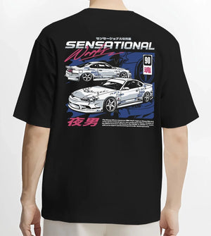 Black T-shirt worn by a male model, back view, featuring Nissan Silvia S15 silvia racing drift jdm japanese street s15sns.