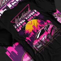 Black T-shirt laid flat with natural fabric folds, featuring Honda S2000 rs racing motorsport jdm tuner street graphic.