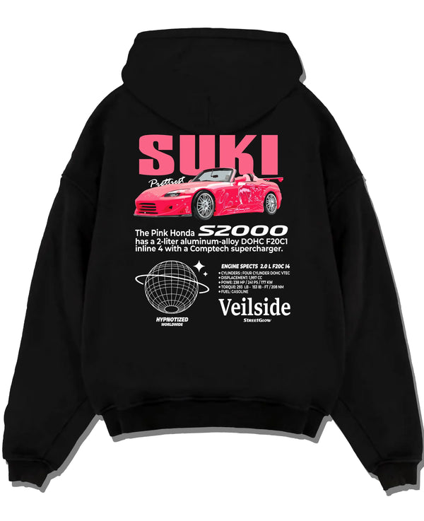 Black pullover hoodie laid flat on a white background, featuring Honda S2000 drift jdm japanese tuner street racing graphic.