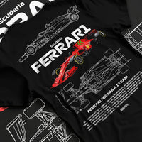 Black T-shirt laid flat with natural fabric folds, featuring Ferrari rs racing f1 formula motorsport legend legendary graphic.