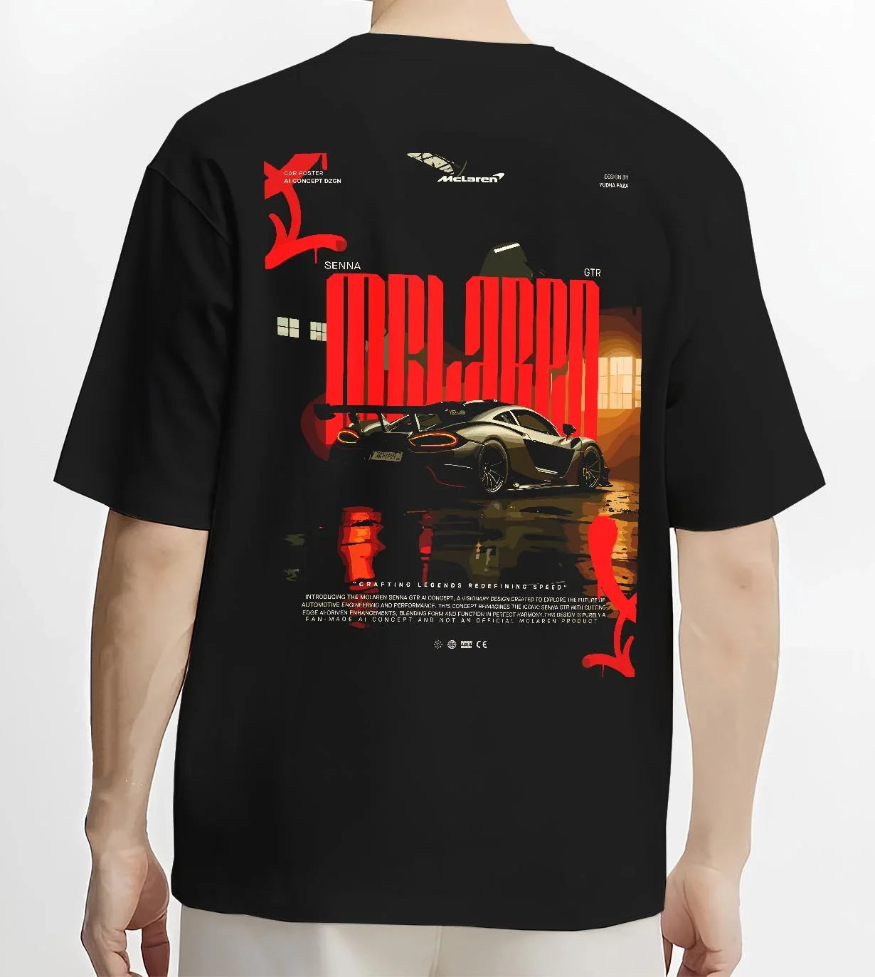 Black T-shirt worn by a male model, back view, featuring McLaren SENNA track street racing performance motorsport graphic.