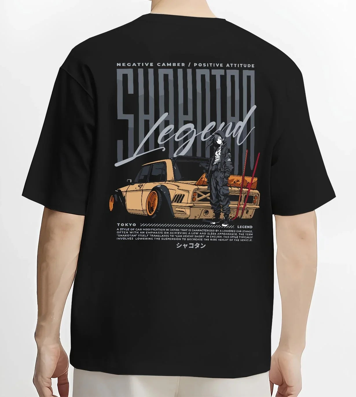 Black T-shirt worn by a male model, back view, featuring Toyota jdm stance legend racing street performance motorsport graphic.