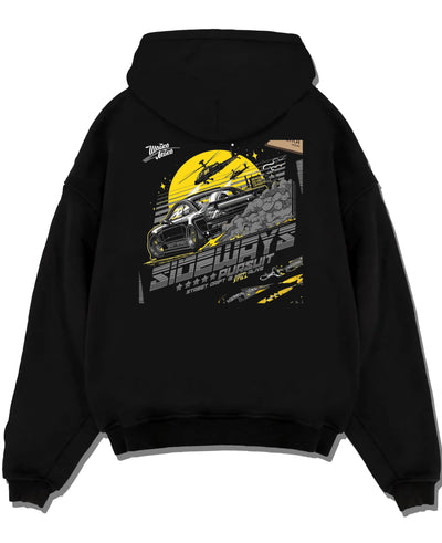 Black pullover hoodie laid flat on a white background, featuring rs turbo turbocharged racing drift jdm japanese tuner graphic.