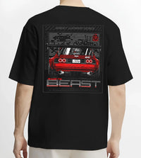 Black T-shirt worn by a male model, back view, featuring SKYLINE racing drift japanese tuner stance street performance graphic.