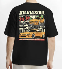 Black T-shirt worn by a male model, back view, featuring Nissan Silvia S15 silvia drift jdm japanese street racing graphic.