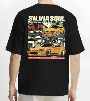Black T-shirt worn by a male model, back view, featuring Nissan Silvia S15 silvia drift jdm japanese street racing graphic.