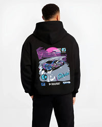 Black hoodie worn by a male model, back view, featuring SILVIA racing drift jdm japanese street retro performance graphic.